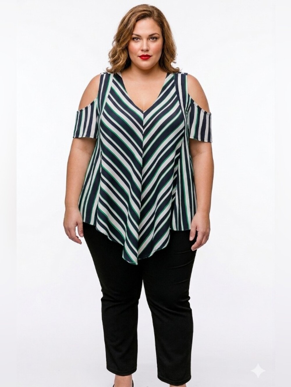 Laura SZ 1X Cold-Shoulder Striped V-Neck Top in Black & Green